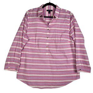 Lands End Popover Top Women's 14 Pink‎ Striped 1/4 Button Lightweight Coastal